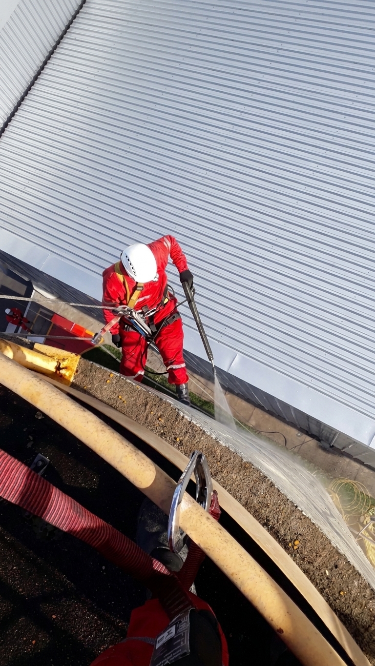 Técnico em macacão vermelho realizando limpeza de calha e telhado industrial