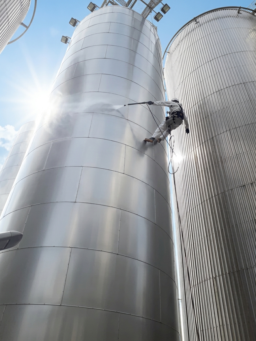 Técnico Alpinis realizando limpeza industrial em altura em silos metálicos